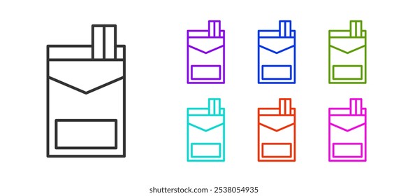 Black line Cigarettes pack box icon isolated on white background. Cigarettes pack. Set icons colorful. Vector