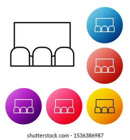 Black line Cinema auditorium with screen and seats icon isolated on white background. Set icons colorful circle buttons. Vector Illustration