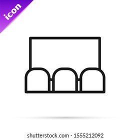 Black line Cinema auditorium with screen and seats icon isolated on white background.  Vector Illustration