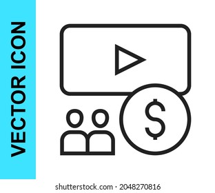 Auditorio de cine de línea negra con icono de pantalla aislado en fondo blanco.  Vector