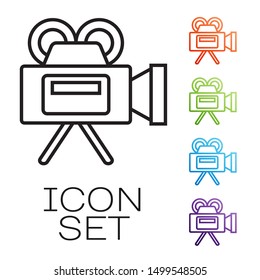 Black line Cinema camera icon isolated on white background. Video camera. Movie sign. Film projector. Set icons colorful. Vector Illustration