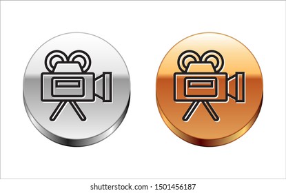 Black line Cinema camera icon isolated on white background. Video camera. Movie sign. Film projector. Silver-gold circle button. Vector Illustration