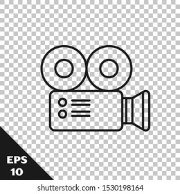 Black line Cinema camera icon isolated on transparent background. Video camera. Movie sign. Film projector.  Vector Illustration