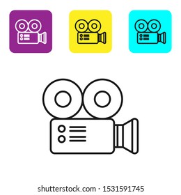 Black line Cinema camera icon isolated on white background. Video camera. Movie sign. Film projector. Set icons colorful square buttons. Vector Illustration