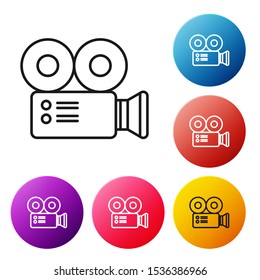 Black line Cinema camera icon isolated on white background. Video camera. Movie sign. Film projector. Set icons colorful circle buttons. Vector Illustration