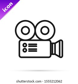 Black line Cinema camera icon isolated on white background. Video camera. Movie sign. Film projector.  Vector Illustration