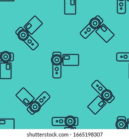 Black line Cinema camera icon isolated seamless pattern on green background. Video camera. Movie sign. Film projector.  Vector Illustration