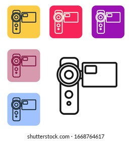 Black line Cinema camera icon isolated on white background. Video camera. Movie sign. Film projector. Set icons in color square buttons. Vector Illustration