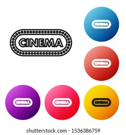 Black line Cinema poster design template icon isolated on white background. Movie time concept banner design. Set icons colorful circle buttons. Vector Illustration