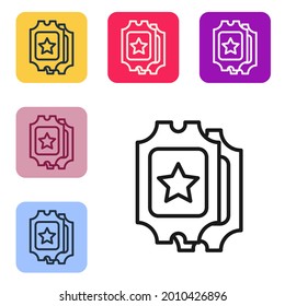 Black line Cinema ticket icon isolated on white background. Set icons in color square buttons. Vector Illustration