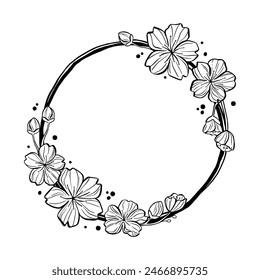 Black line Circle Frame with Cherry Blossom. illustration for decorate logo, text, wedding, greeting cards and any design.