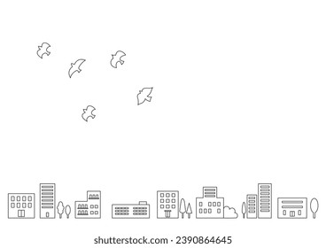 Black line cityscape and birds flying in the sky