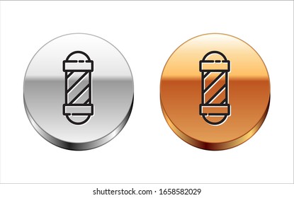 Black line Classic Barber shop pole icon isolated on white background. Barbershop pole symbol. Silver-gold circle button. Vector Illustration