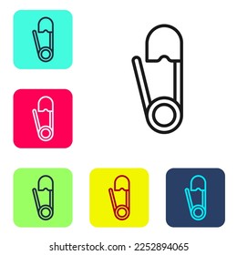 Black line Classic closed steel safety pin icon isolated on white background. Set icons in color square buttons. Vector Illustration