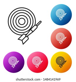 Black line Classic dart board and arrow icon isolated on white background. Dartboard sign. Game concept. Set icons colorful circle buttons. Vector Illustration