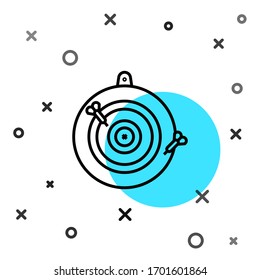 Black line Classic dart board and arrow icon isolated on white background. Dartboard sign. Game concept. Random dynamic shapes. Vector Illustration