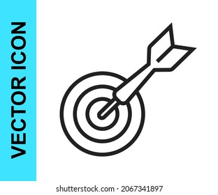 Black line Classic dart board and arrow icon isolated on white background. Dartboard sign. Game concept.  Vector