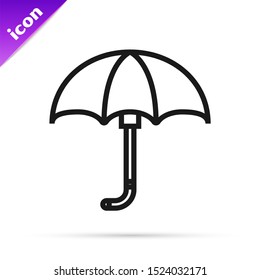 Black line Classic elegant opened umbrella icon isolated on white background. Rain protection symbol.  Vector Illustration