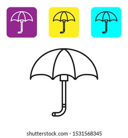 Black line Classic elegant opened umbrella icon isolated on white background. Rain protection symbol. Set icons colorful square buttons. Vector Illustration