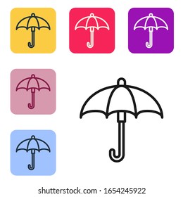 Black line Classic elegant opened umbrella icon isolated on white background. Rain protection symbol. Set icons in color square buttons. Vector Illustration
