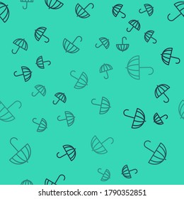 Black line Classic elegant opened umbrella icon isolated seamless pattern on green background. Rain protection symbol.  Vector Illustration