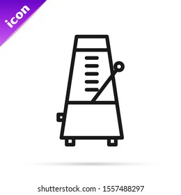 Black line Classic Metronome with pendulum in motion icon isolated on white background. Equipment of music and beat mechanism.  Vector Illustration