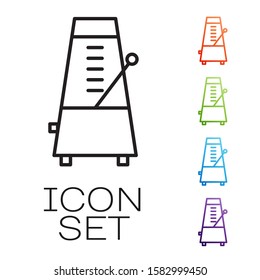Black line Classic Metronome with pendulum in motion icon isolated on white background. Equipment of music and beat mechanism. Set icons colorful. Vector Illustration