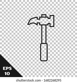 Black line Claw hammer icon isolated on transparent background. Carpenter hammer. Tool for repair.  Vector Illustration