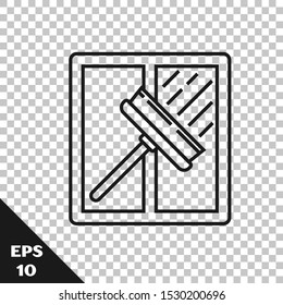 Black line Cleaning service with of rubber cleaner for windows icon isolated on transparent background. Squeegee, scraper, wiper.  Vector Illustration