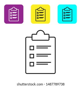 Black line Clipboard with checklist icon isolated on white background. Control list symbol. Survey poll or questionnaire feedback form. Set icons colorful square buttons. Vector Illustration