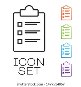 Black line Clipboard with checklist icon isolated on white background. Control list symbol. Survey poll or questionnaire feedback form. Set icons colorful. Vector Illustration