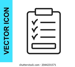 Black line Clipboard with checklist icon isolated on white background. Control list symbol. Survey poll or questionnaire feedback form.  Vector