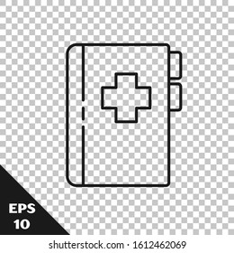 Black line Clipboard with dental card or patient medical records icon isolated on transparent background. Dental insurance. Dental clinic report.  Vector Illustration