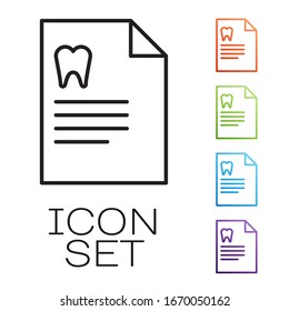 Black line Clipboard with dental card or patient medical records icon isolated on white background. Dental insurance. Dental clinic report. Set icons colorful. Vector Illustration