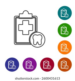 Black line Clipboard with dental card or patient medical records icon isolated on white background. Dental insurance. Dental clinic report. Set icons in color circle buttons. Vector