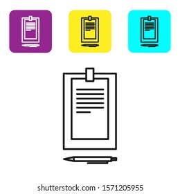 Black line Clipboard with document icon isolated on white background. Set icons colorful square buttons. Vector Illustration