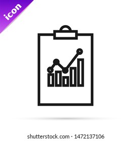 Black line Clipboard with graph chart icon isolated on white background. Report text file icon. Accounting sign. Audit, analysis, planning.  Vector Illustration