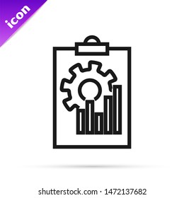 Black line Clipboard with graph chart icon isolated on white background. Report text file icon. Accounting sign. Audit, analysis, planning.  Vector Illustration