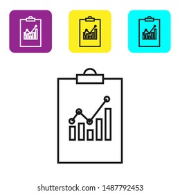 Black line Clipboard with graph chart icon isolated on white background. Report text file icon. Accounting sign. Audit, analysis, planning. Set icons colorful square buttons. Vector Illustration