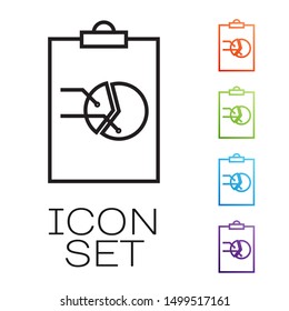 Black line Clipboard with graph chart icon isolated on white background. Report text file icon. Accounting sign. Audit, analysis, planning. Set icons colorful. Vector Illustration