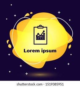 Black line Clipboard with graph chart icon isolated on dark blue background. Report text file icon. Accounting sign. Audit, analysis, planning. Abstract banner with liquid shapes. Vector Illustration