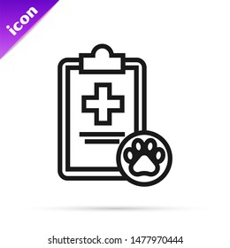 Black line Clipboard with medical clinical record pet icon isolated on white background. Health insurance form. Medical check marks report.  Vector Illustration