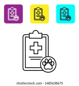 Black line Clipboard with medical clinical record pet icon isolated on white background. Health insurance form. Medical check marks report. Set icons colorful square buttons. Vector Illustration