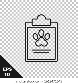 Black line Clipboard with medical clinical record pet icon isolated on transparent background. Health insurance form. Medical check marks report.  Vector Illustration