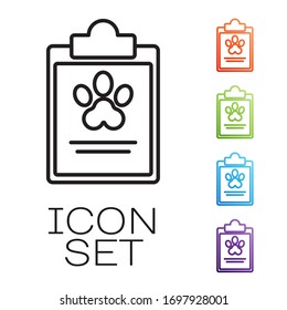 Black line Clipboard with medical clinical record pet icon isolated on white background. Health insurance form. Medical check marks report. Set icons colorful. Vector Illustration