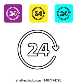 Black line Clock 24 hours icon isolated on white background. All day cyclic icon. 24 hours service symbol. Set icons colorful square buttons. Vector Illustration
