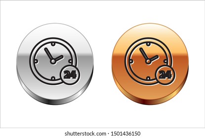 Black line Clock 24 hours icon isolated on white background. All day cyclic icon. 24 hours service symbol. Silver-gold circle button. Vector Illustration