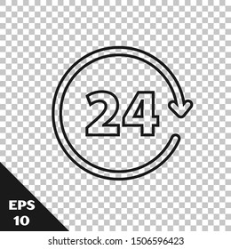 Black line Clock 24 hours icon isolated on transparent background. All day cyclic icon. 24 hours service symbol.  Vector Illustration