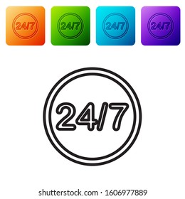 Black line Clock 24 hours icon isolated on white background. All day cyclic icon. 24 hours service symbol. Set icons in color square buttons. Vector Illustration
