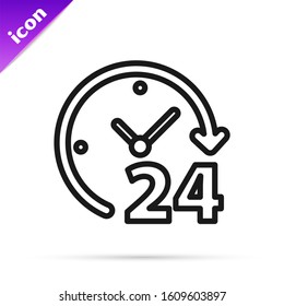 Black line Clock 24 hours icon isolated on white background. All day cyclic icon. 24 hours service symbol.  Vector Illustration